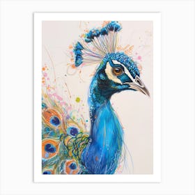 Scribble Colourful Portrait Of A Peacock Art Print