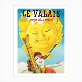 Valais, Happy Skier Under The Big Smiling Sun Art Print