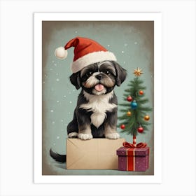 Christmas Shih Tzu Dog Wear Santa Hat (16) Art Print