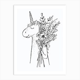 Unicorn And A Bouquet Of Flowers Black And White Doodle 2 Art Print
