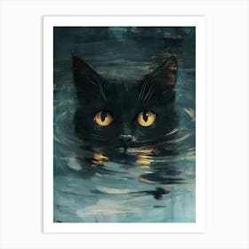 Black Cat Swimming In The Water Art Print