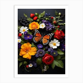 Butterfly On A Wreath Of Flowers Art Print