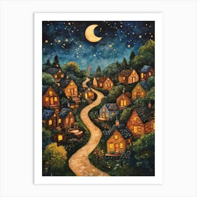 Village At Night With Stars and Moon In The Sky 1 Art Print