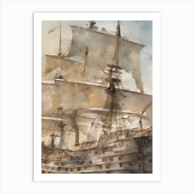 Phitorealistic seascape, a huge galleon ship cruising the ocean, viewed from a nearby pier extended from the sandy beach Art Print