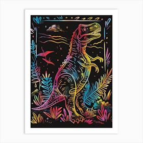 Neon Dinosaur Lines In The Leaves 3 Art Print