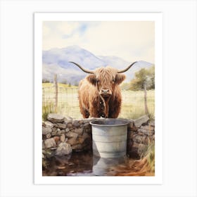 Highland Cow Drinking From Trough Watercolour Art Print