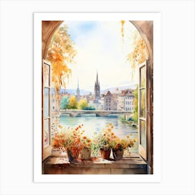 Window View Of Zurich Switzerland In Autumn Fall, Watercolour 4 Art Print