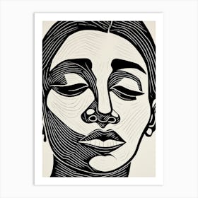 Wavy Lines Linocut Inspired Portrait 3 Art Print