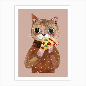 Brown Cat Pizza Lover Folk Illustration 6 Art Print