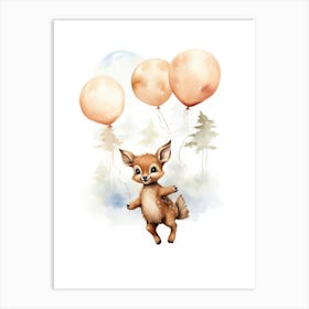 Baby Deer Flying With Ballons, Watercolour Nursery Art 3 Art Print
