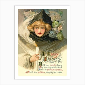 Happy Halloween Poem, Young Witch With Candle And Little Demons Behind Her Art Print