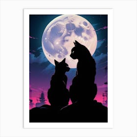 Two Black Cats Silhouettes Under A Full Moon Art Print