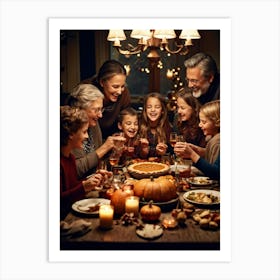 Candid Style Photo Of A Family Gathering Around A Thanksgiving Dinner Table Just Before The Prayer (4) Art Print