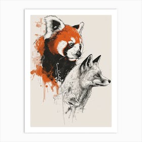 Red Panda And A Fox Ink Illustration 4 Art Print