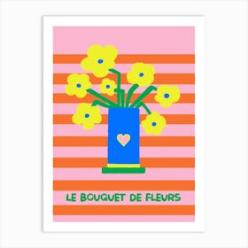 Le Bouquet De Fleurs, bunte Malerei, Text Illustration, Frühlingsblumen mit streifen Kunst Art Print