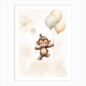 Baby Monkey Flying With Ballons, Watercolour Nursery Art 3 Art Print