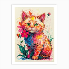 Cat With Flowers 1 Art Print