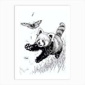 Red Panda Cub Chasing After A Butterfly Ink Illustration 4 Art Print