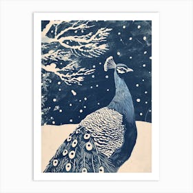 Blue Linocut Peacock Snow Scene 1 Art Print