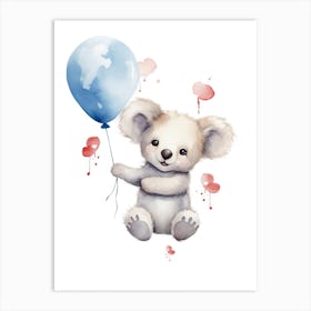 Baby Koala Flying With Ballons, Watercolour Nursery Art 1 Art Print