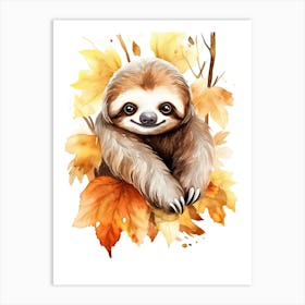 A Sloth Watercolour In Autumn Colours 1 Art Print