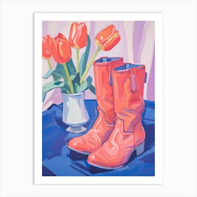 A Painting Of Cowboy Boots With Tulips Flowers, Fauvist Style, Still Life 2 Art Print