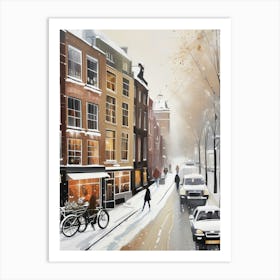 Amsterdam cafes, winter season, Christmas, autumn oil colors, pale colors, pedestrians in the street, winter clothes, falling snow.11 Art Print