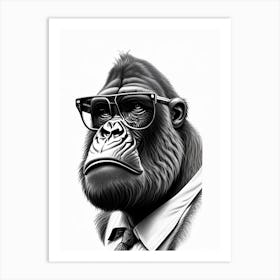 Gorilla In Bow Tie Gorillas Pencil Sketch 1 Art Print
