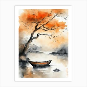 Small Boat Ink Painting Orange Art Print