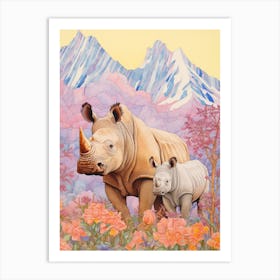 Rhino With Rhino Baby Patchwork 1 Art Print