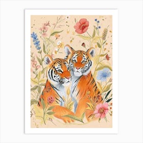 Folksy Floral Animal Drawing Tiger 7 Art Print