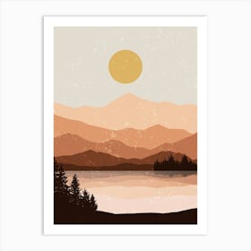 Landscape Mountains Sun Lake Pine Trees Art Print