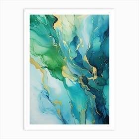 Blue, Green, Gold Flow Asbtract Painting 0 Art Print