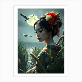 Geisha In Moor AT Full Moon Art Print