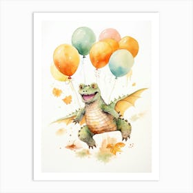 Crocodile Flying With Autumn Fall Pumpkins And Balloons Watercolour Nursery 1 Art Print
