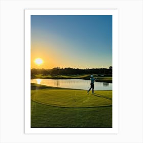 Golfer Mid Swing By A Radiant Sunset Silhouetted On A Serene Golf Course Rolling Hills Backlit By Art Print