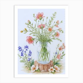 Watercolor Flowers In A Glass Vase Art Print