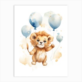 Baby Lion Flying With Ballons, Watercolour Nursery Art 2 Art Print