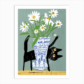 Cat With Daisies Art Print