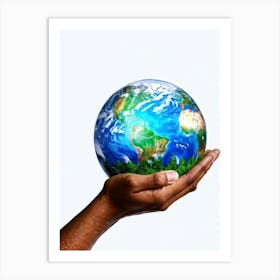 A Human Hand Cradling A Delicate Transparent Globe With Vibrant Countries And Teeming Blue Oceans S Art Print