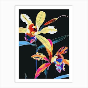 Neon Flowers On Black Monkey Orchid 1 Art Print