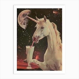 Unicorn In Space Drinking A Milkshake Retro Art Print