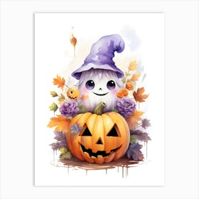 Cute Ghost With Pumpkins Halloween Watercolour 140 Art Print