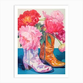 Oil Painting Of Hydrangea Flowers And Cowboy Boots, Oil Style 1 Art Print