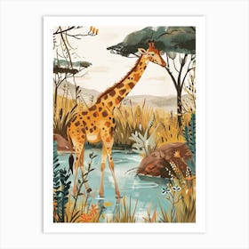 Giraffe In The Water Hole Modern Illustration 2 Art Print
