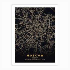 Moscow Russia Black And Gold Map Zoomed Art Print