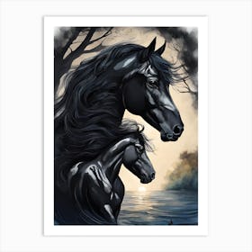 Black Horse And Foal Art Print