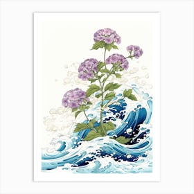 Great Wave With Verbena Flower Drawing In The Style Of Ukiyo E 3 Art Print