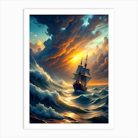 Sailing Ship In Stormy Sea Art Print