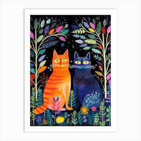 Two Wide Eyed Cats At Night In A Meadow Art Print